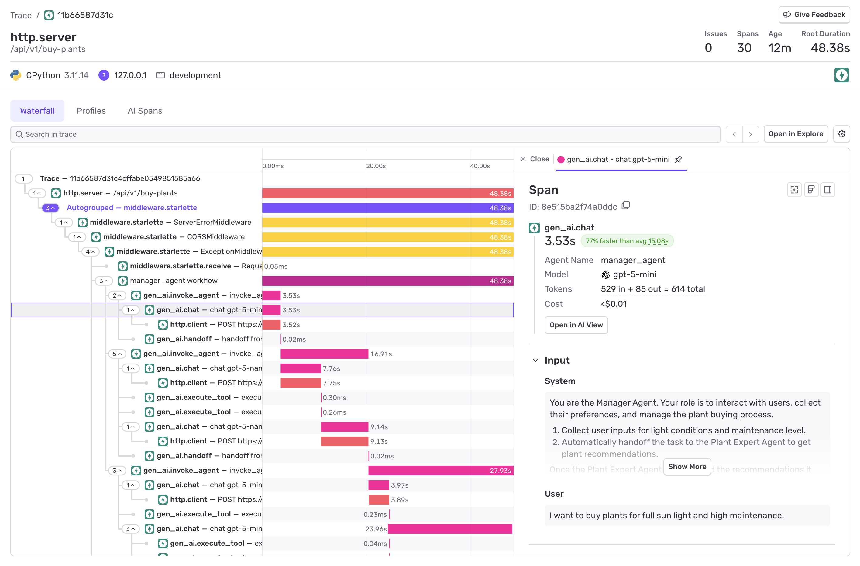 AI Agent Detailed Trace View