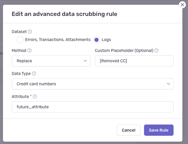 Edit dialog showing an existing rule with custom placeholder and attribute configuration