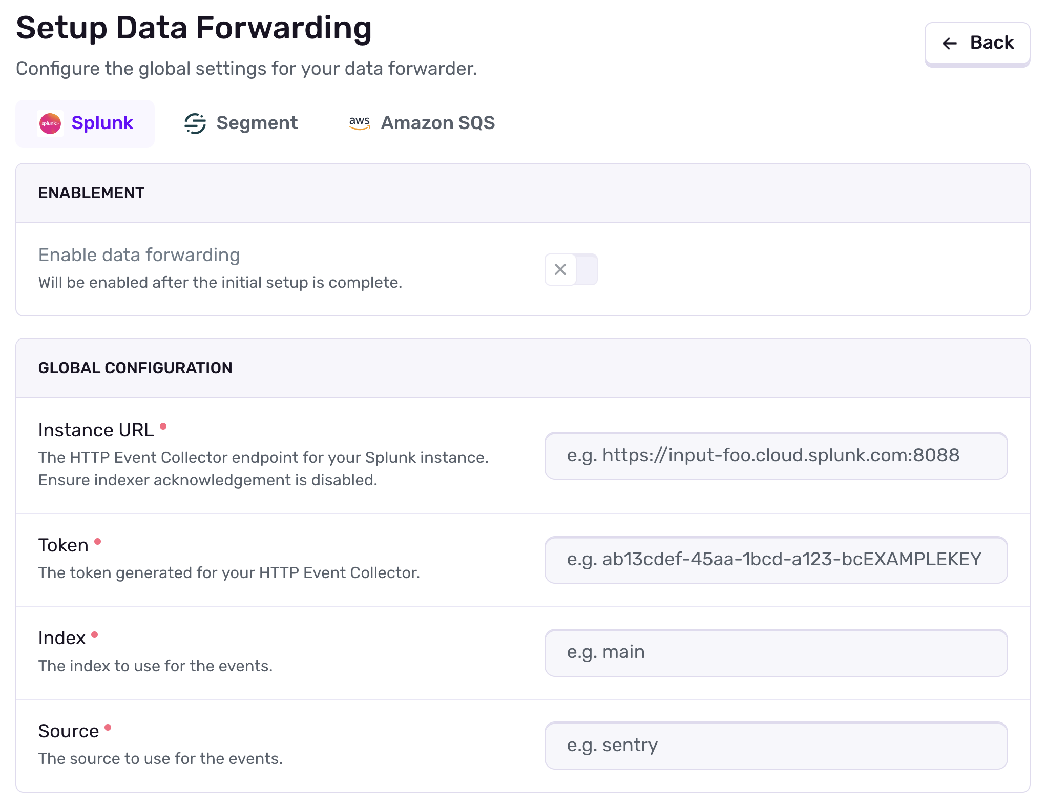 Data forwarding global configuration form