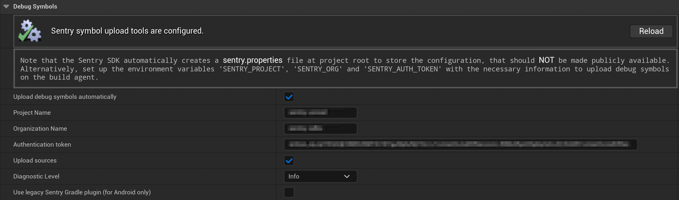 The Unreal Engine debug symbols upload configuration